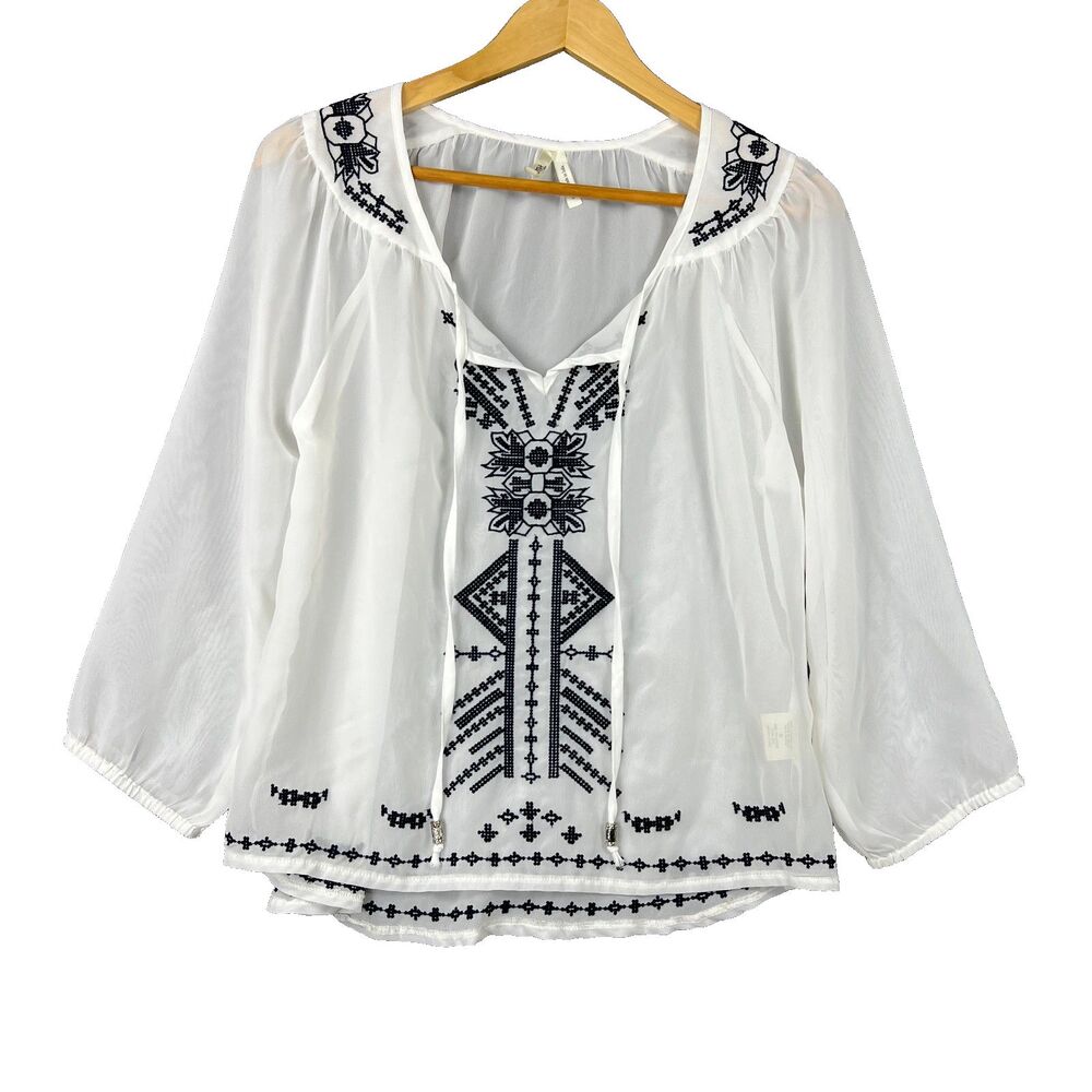 Truth NYC Womens Small White Navy Embroidered Boho Peasant Blouse Sheer Top S
